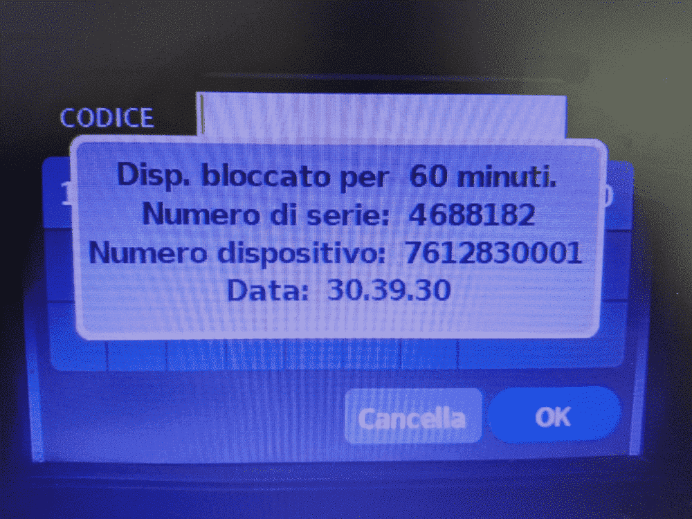 Codice Nissan. Disp. bloccato per 60 minuti. Numero di serie. Numero dispositivo. Data