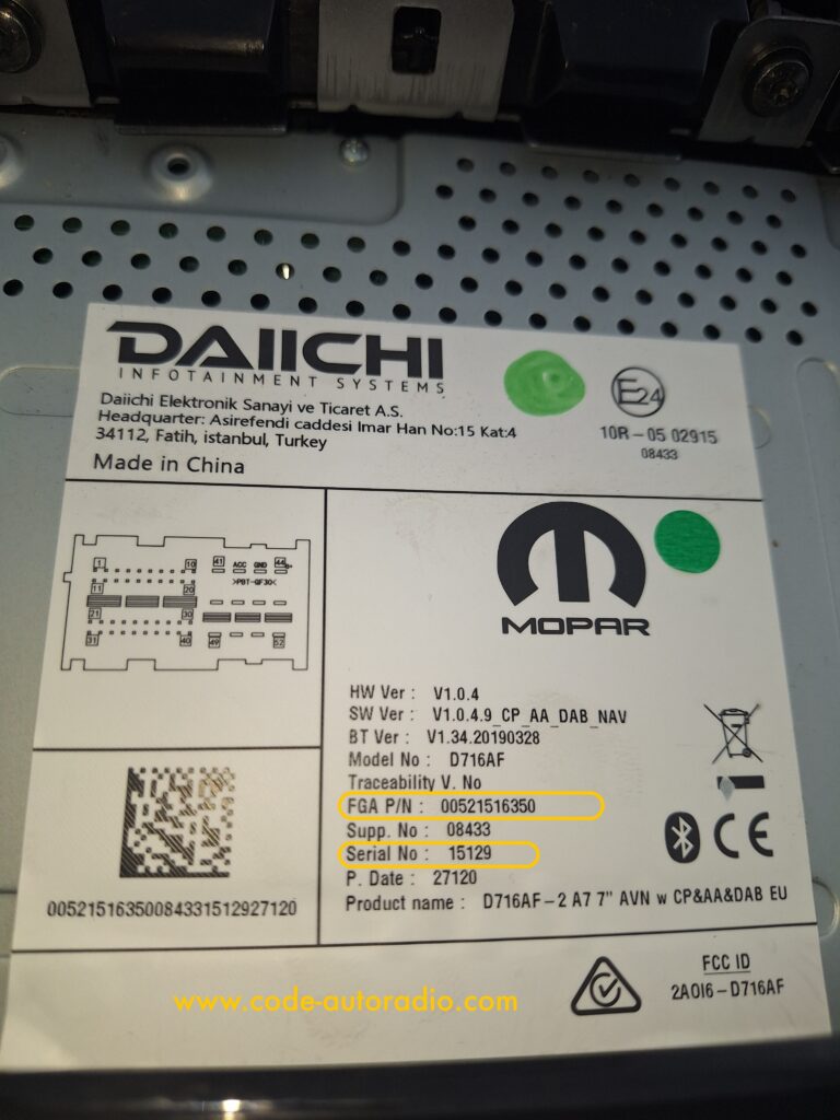 etiquette Code autoradio Daiichi Mopar Fiat